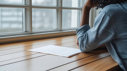 The Weight of Contemplation: A person lost in introspection, head resting on hand, sits beside a window, a sheet of paper lying on the wooden table, conveying themes of reflection and solitude.