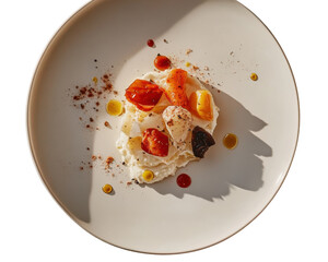 Minimalist appetizer with soft cheese tomato and vegetable on plate