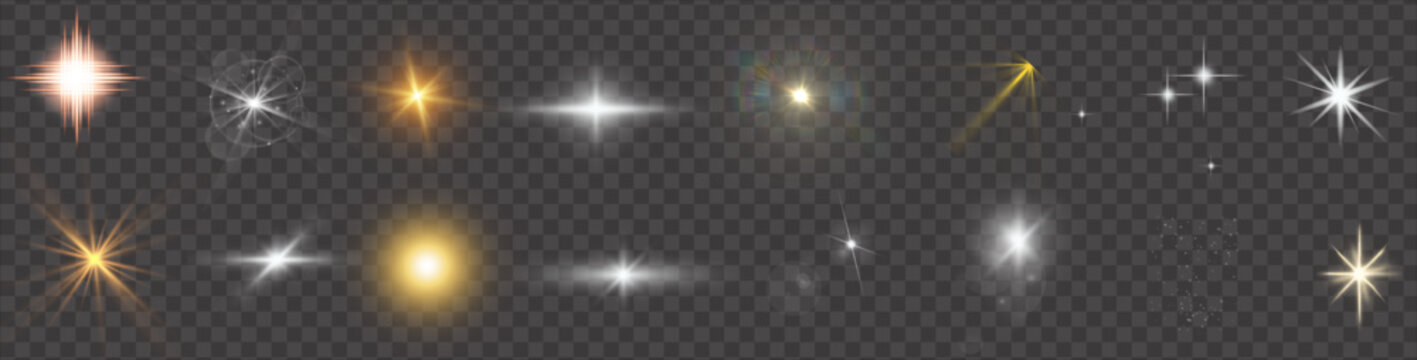 Flash light on black background. Vector glow sparkle effect. Abstract lens flare ignition. Flashing lights