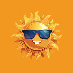 Cute smiling sun wearing sunglasses on orange background, perfect summer vector icon for kids, holiday themes, advertisements, and fun seasonal designs in flat modern cartoon style