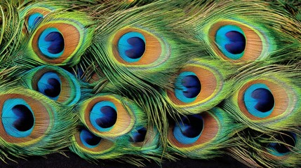 Obraz premium Close-up of vibrant peacock feathers showcasing their colorful eye patterns and intricate details
