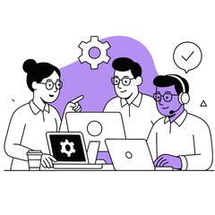 Collaborative IT Service Illustration Featuring Three Professionals Working with Laptops and Desktop in Flat Minimal Style Vector Illustration