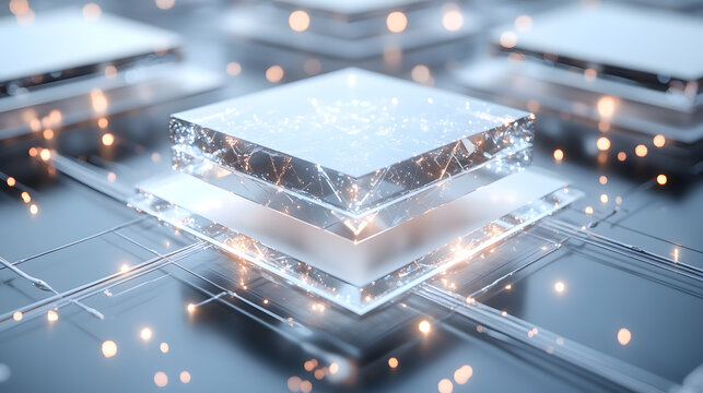 Stacked Transparent Cubes with Glowing Connections on a Futuristic Grid - Powered by Adobe