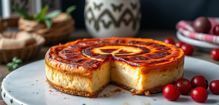 A traditional Basque burnt Basque cheesecake with a lauburu symbol, culture, culinary