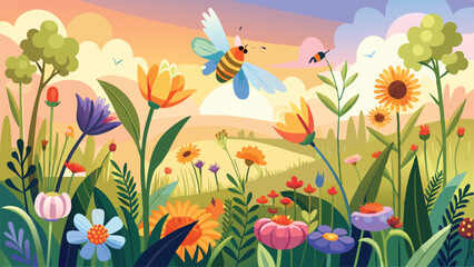 Fototapeta premium Whimsical illustration of a colorful meadow filled with blooming flowers and a bee
