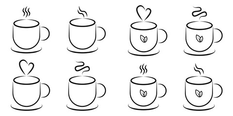 Fototapeta premium Hot Beverage Cup Line Art Icons Set with Steam and Leaf Details. A set of eight minimalist line art icons depicting hot beverage cups.