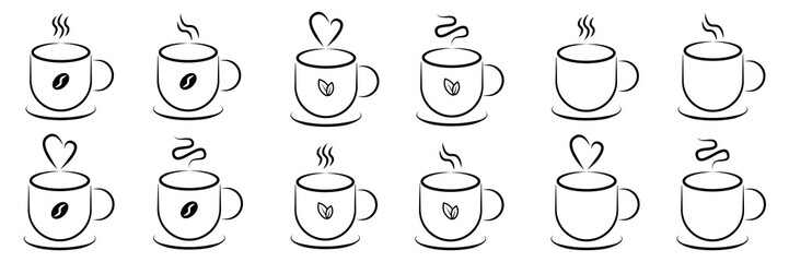 Obraz premium Coffee and Tea Cup Line Art Icons Set. A comprehensive set of twelve minimalist line art icons featuring hot coffee cups.