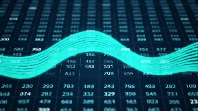 Abstract digital data visualization with flowing lines over a grid of numerical values