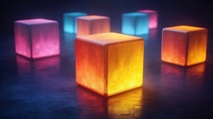 Neon cubes glow on dark floor