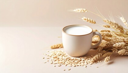 A cup of oat milk with wheat, showing the beauty of plant-based nutrition. Wide copy space