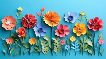 Colorful cut paper flower collage on bright blue background, handmade art concept for spring, crafts or education  