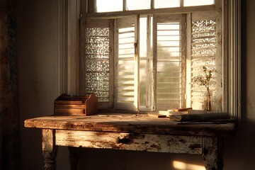 Rustic wooden table by a window with antique shutters.