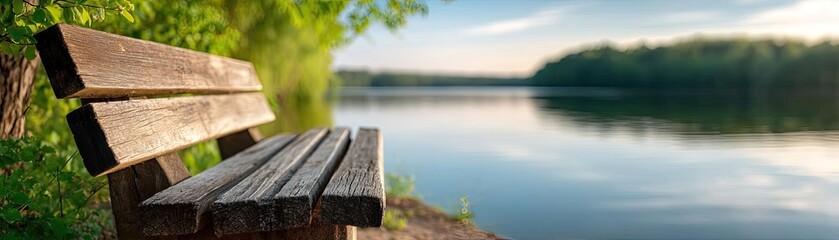 Fototapeta premium Mental detox in focus and wellness recovery concept. A serene wooden bench overlooking a peaceful lake at sunrise.