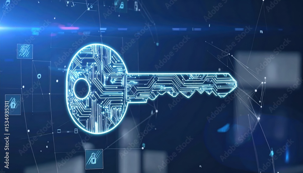 Poster digital security concept featu a high-tech glowing key with circuit patterns and connections illustr