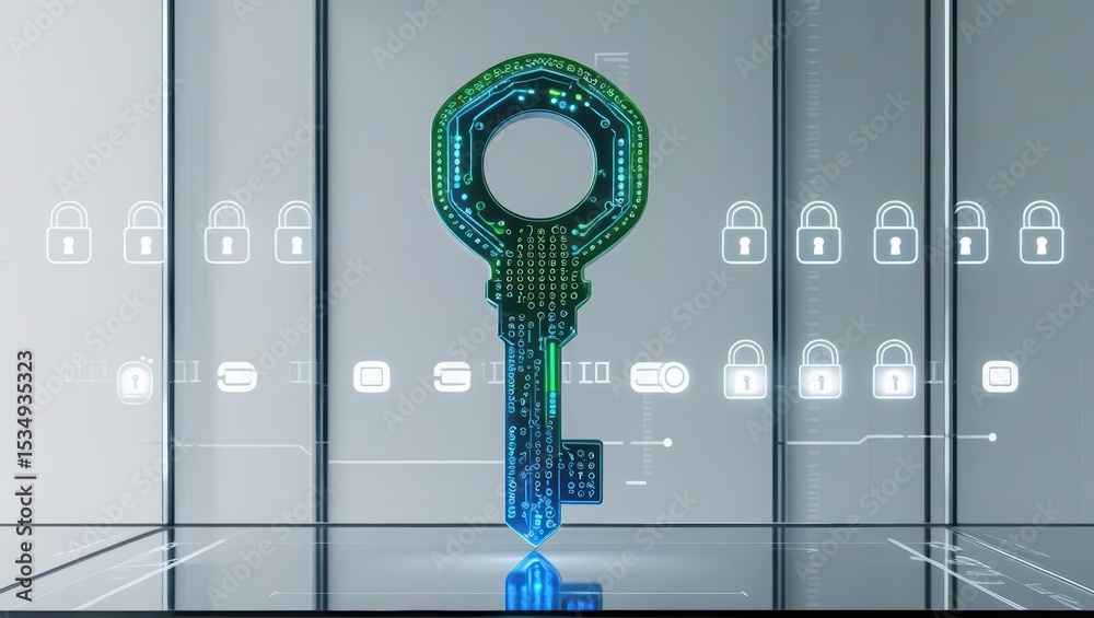 Poster digital key with circuit design pattern representing cybersecurity and data protection concept for s