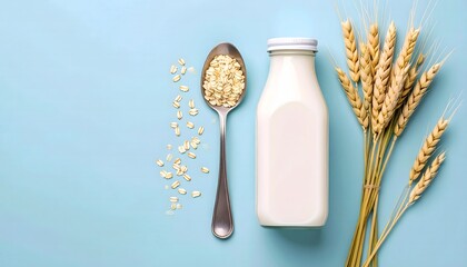 Bottle of oat milk with spoon of oat and dried wheat on blue surface. Wide copy space