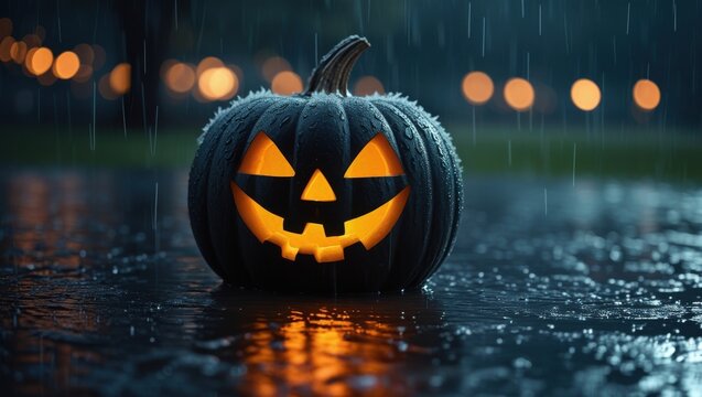 Spooky jack olantern in the rain at night