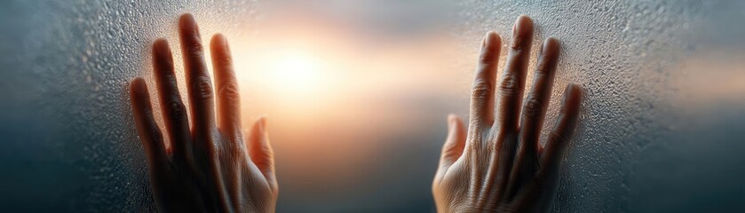 Stress relief in grief recovery and hope focus concept. A pair of hands reaching out through a foggy glass surface.