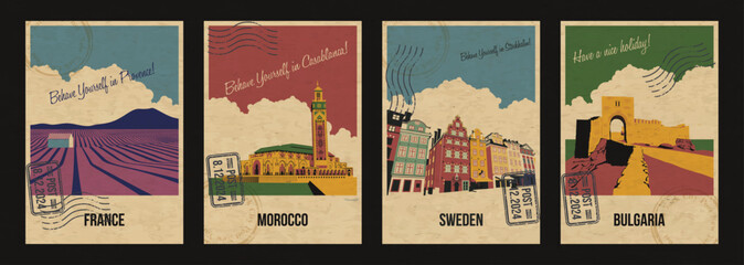 France, Morocco, Sweden, Bulgaria Main Attractions Postcard Set. Stockholm Old City, Kaliakra Fortress, Provence Fields of Lavender, Casablanca Mosque Illustrations. Retro Style Greeting Cards