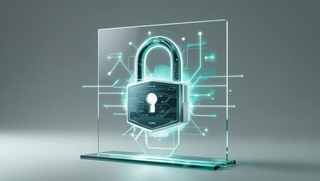 Modern digital security concept featu a futuristic lock with glowing biometric patterns and holographic interface elements representing cybersecurity protection