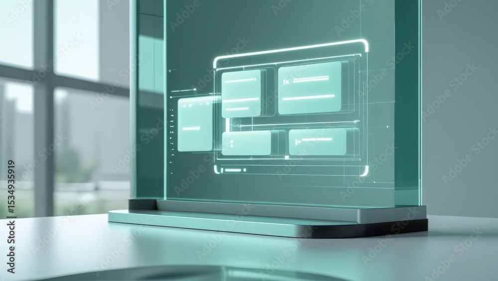 Poster futuristic transparent digital hologram display screen with glowing interface and data visualization