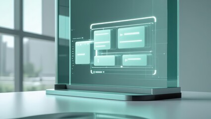 Futuristic transparent digital hologram display screen with glowing interface and data visualization technology on sleek modern desk in high-tech office