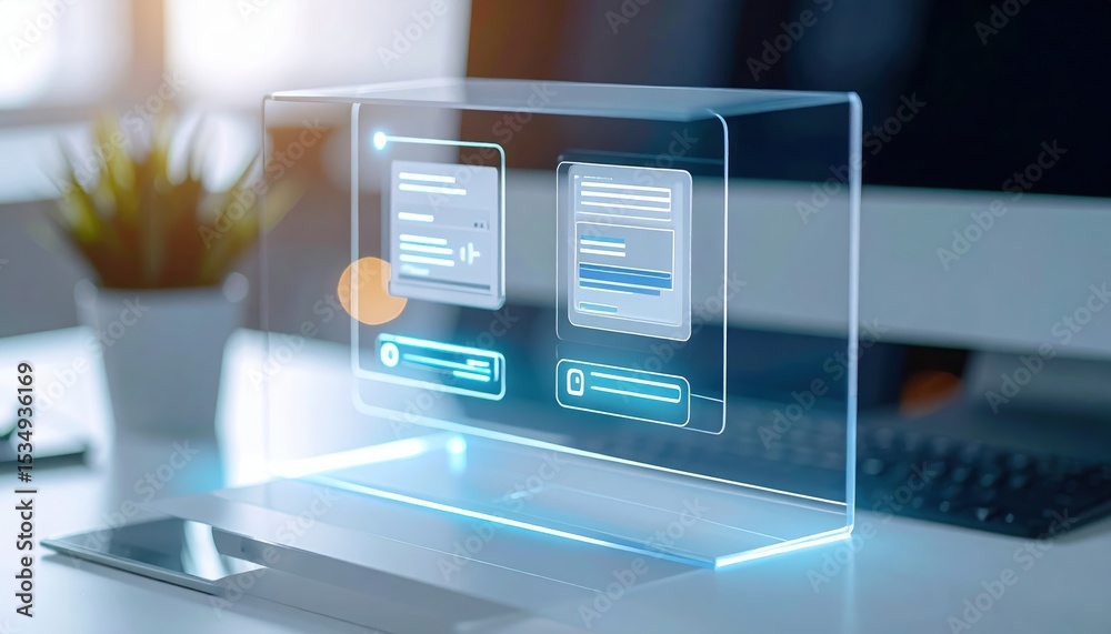 Poster modern transparent holographic display interface showcasing digital data and technology concepts wit