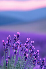 Obraz premium A stunning field of lavender blooms under a serene sky, showcasing vibrant colors and natural beauty during sunset.