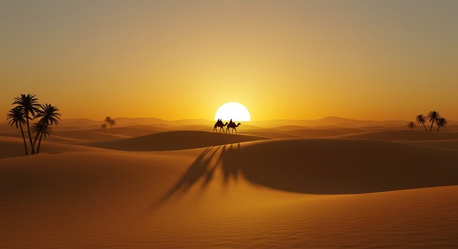 Majestic Desert Sunset Camels Silhouette at Golden Hour