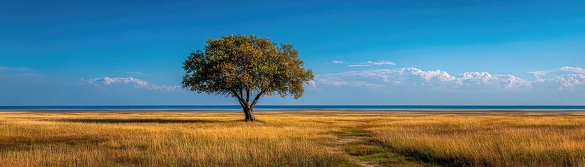 Fototapeta premium Mental detox in focus and wellness recovery concept. A solitary tree on a vast landscape under a clear blue sky.
