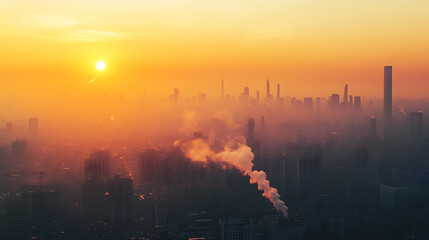 Naklejka premium Sunset Over a Hazy Urban Skyline with Visible Smoke Emissions
