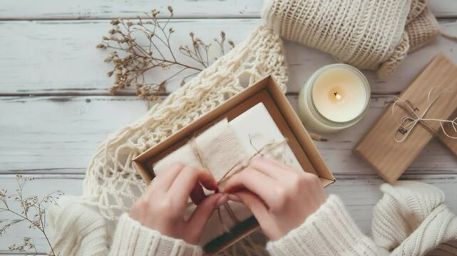 Overhead view of hands opening a cozy kraft gift box with natural soap and fabric on a rustic white table, surrounded by candle and soft textures