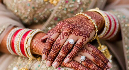 Henna decorated bridal hands in traditional Indian wedding