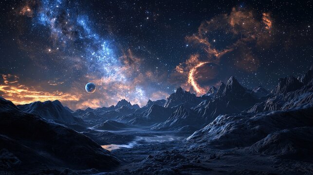 A distant planet's mountainous landscape under a vibrant starry night sky.