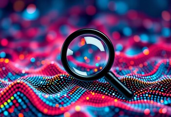 Sleek black icon depicting a magnifying glass over data points, symbolizing data search, sign, database