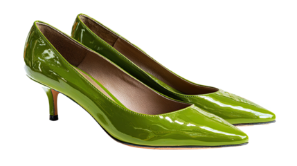 Pair of elegant green kitten heels shoes on transparent background