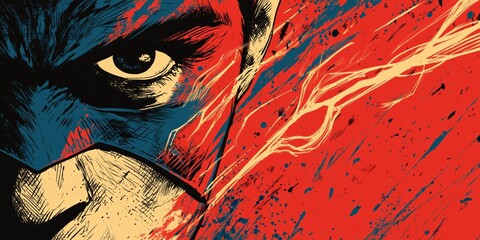 Fierce superhero close-up illustration with lightning and bold comic styling.