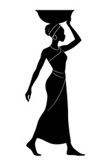 Woman carrying bowl on head while walking in silhouette style  