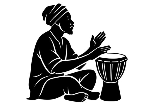 black silhouette musician playing djembe drum clip art preview