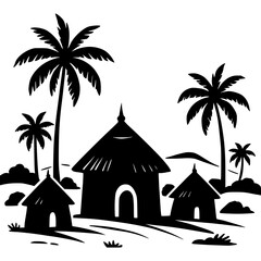 Obraz premium Tropical village with palm trees and thatched-roof huts in silhouette 