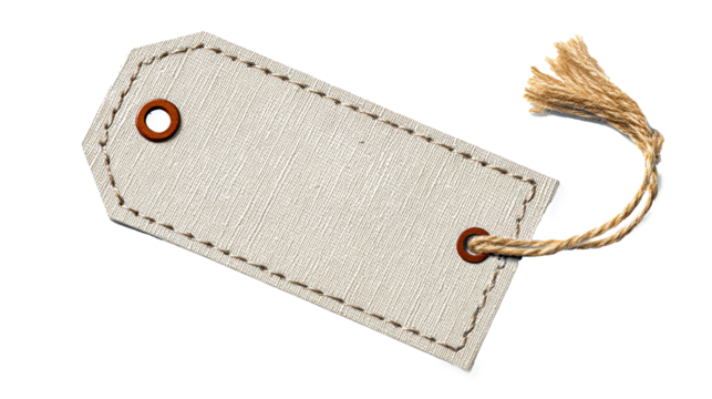 Blank woven clothing label tag with stitched edge and string on transparent background