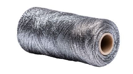 Metallic thread spool with shimmering texture isolated on transparent background