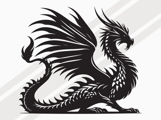 Obraz premium Majestic Dragon Silhouette with Curled Tail and Wings for Mythical Fantasy and Tattoo Art Vector, Dragon Scale SVG