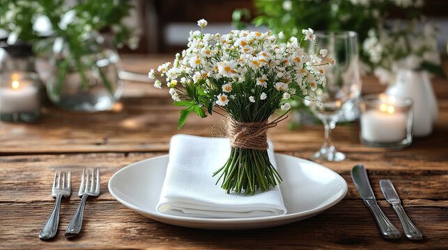 Cotton napkins tied with twine on rustic table, eco-friendly table setting concept for wedding, kitchen or 
