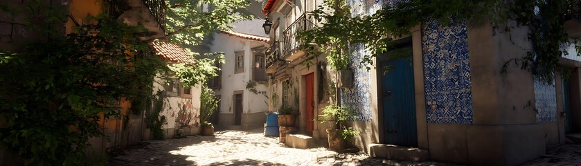 Fototapeta premium Sun-drenched alleyway between old buildings.