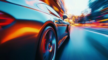 Sleek sports car speeding through city streets at night, motion blur effect.