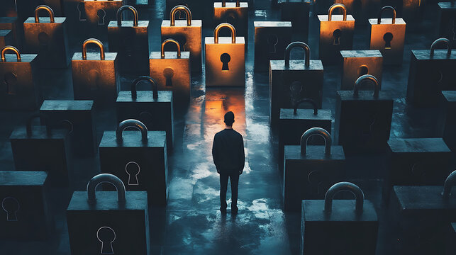 A solitary figure stands amidst a sea of illuminated padlocks in a dark, reflective space.
