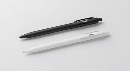 Black and White Ballpoint Pens on White Background - Minimalist Office Supplies, Writing Tools, Business Stationery