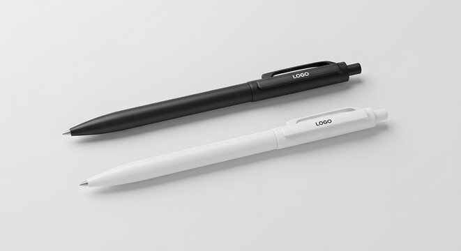 Black and White Ballpoint Pens on White Background - Minimalist Office Supplies, Writing Tools, Business Stationery