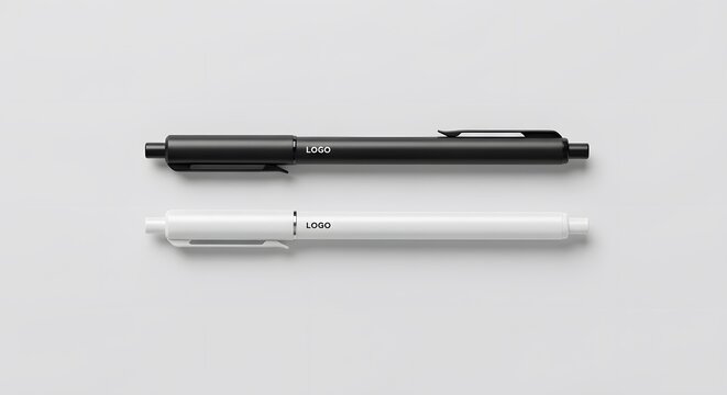 Minimalist Black and White Pens on Clean White Background - Top View Writing Instruments